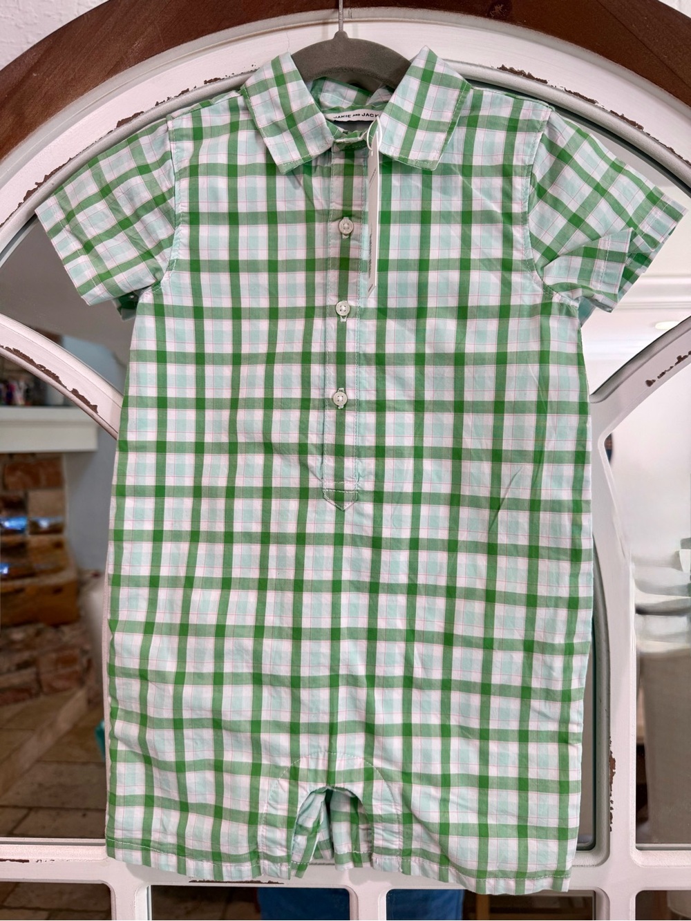 Janie and Jack Green and White Plaid Button-Front Kids Romper
